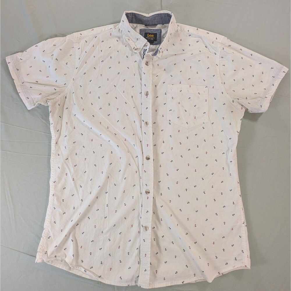 Lee  Men's Large Anchor Print Short Sleeve Button-Down Shirt White